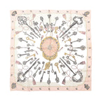 Hermès square scarf in pale pink with intricate black, grey and gold-tone key, chain and ornamental print.