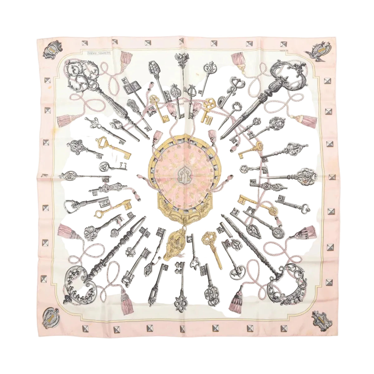 Hermès square scarf in pale pink with intricate black, grey and gold-tone key, chain and ornamental print.