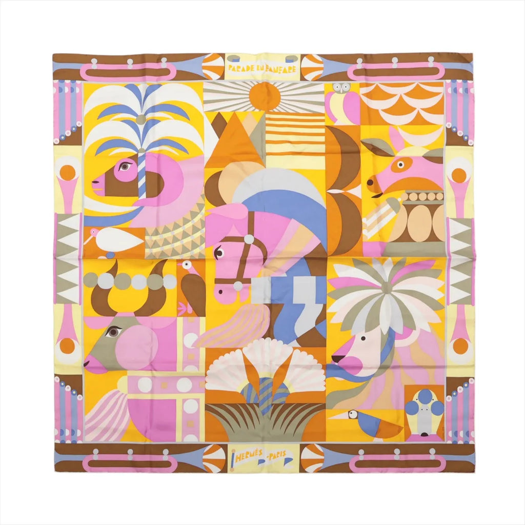 Hermès Carré 90 "Parade en Fanfare" Silk Scarf in Pink and Yellow