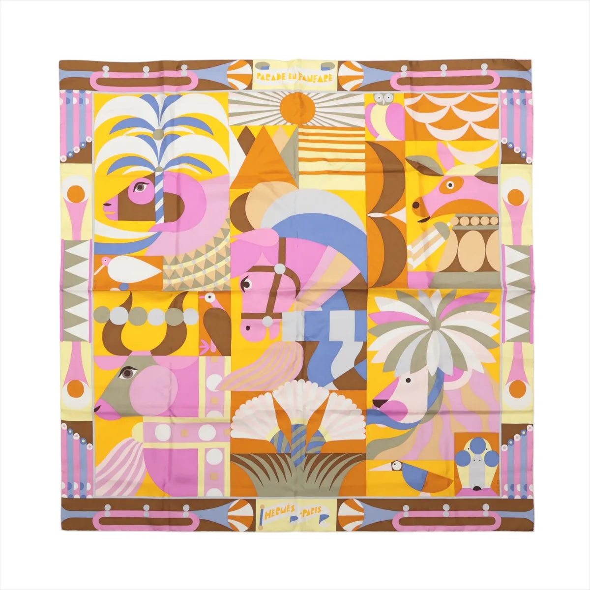 Hermès Carré 90 "Parade en Fanfare" Silk Scarf in Pink and Yellow