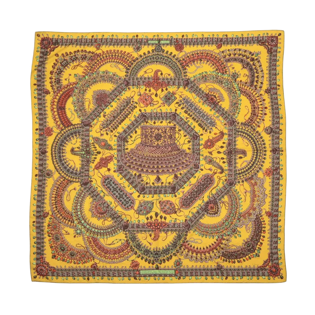 Hermès Parures des Maharajas Carré Géant scarf in golden yellow with intricate multicolour jewel and ornamental motifs.