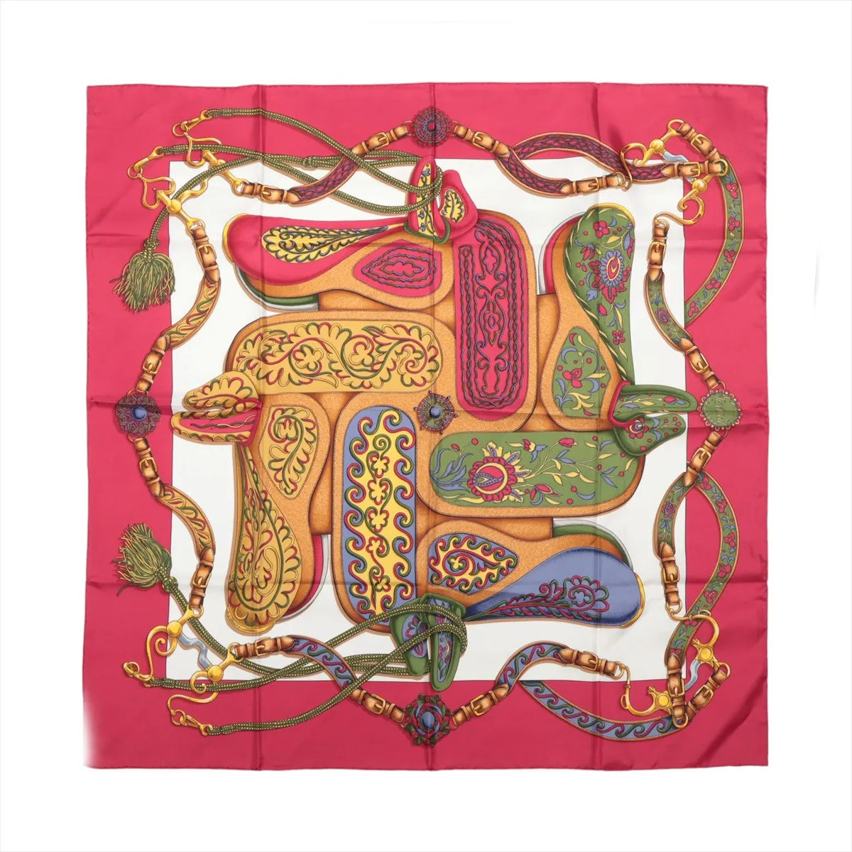 Hermès Carré 90 red silk scarf with white center, colorful ornate saddle and bridle motifs in gold, green, blue and pink.