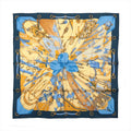 Hermès Carré 90 Soleil de Soie silk scarf with navy border, gold background, blue central bow and detailed equestrian motifs.