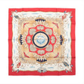 Hermès Carré 90 Railing silk scarf with red border, cream center, gold shell motifs, ropes, railings and navy nautical details.