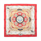 Hermès Carré 90 Railing silk scarf with red border, cream center, gold shell motifs, ropes, railings and navy nautical details.
