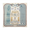 Hermès Carré 90 Grand Tralala silk scarf with beige ground, blue and green straps, yellow harness details and equestrian motifs.