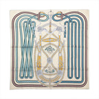 Hermès Carré 90 Grand Tralala silk scarf with beige ground, blue and green straps, yellow harness details and equestrian motifs.