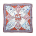 Hermès Carré 90 La Vie à Cheval silk scarf with brown border, red panels, pale blue equestrian scenes and sweeping harness motifs.