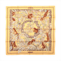 Hermès Carré 90 Casse Noisette yellow silk scarf with red squirrels, leafy branches and brown, cream and green botanical details.