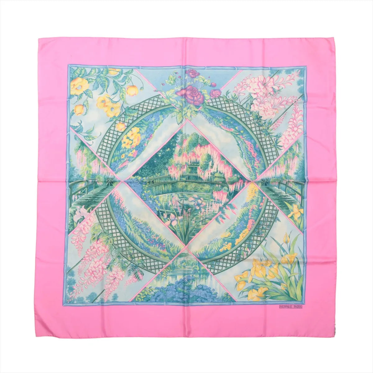 Hermès Carré 90 Giverny silk scarf with bright pink border, blue-green garden scene, floral motifs and decorative bridge design.