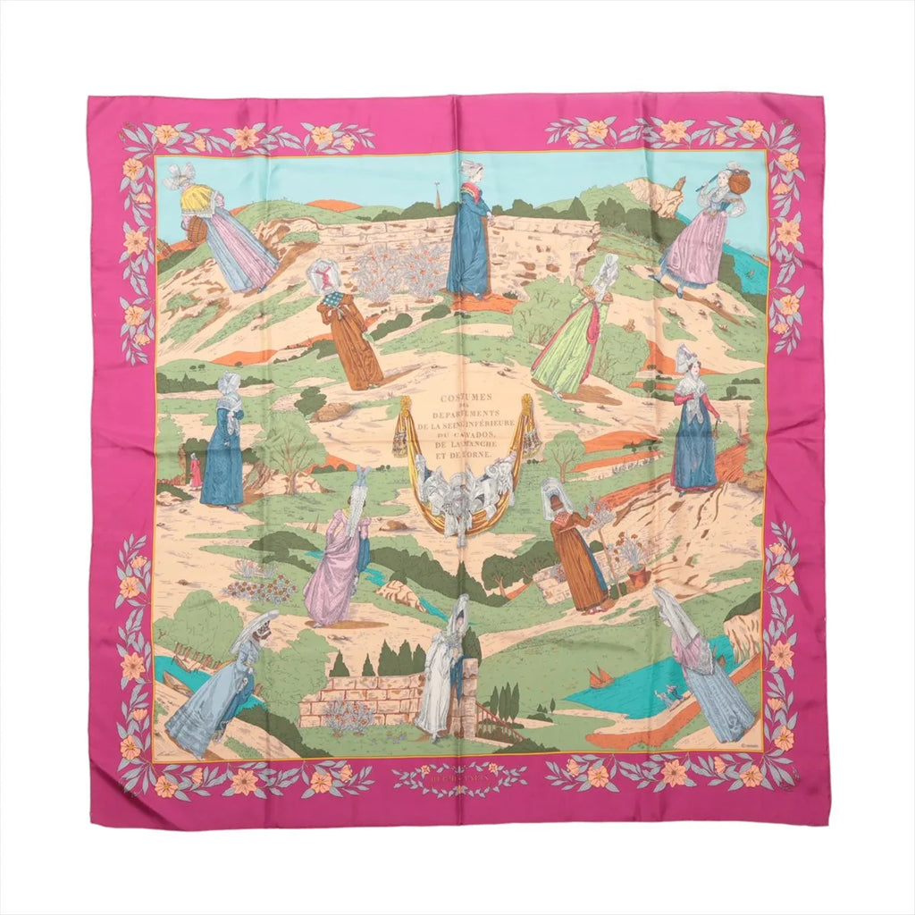 Hermès Carré 90 silk scarf with purple-pink border, floral trim, pastoral landscape and women in traditional regional costumes.