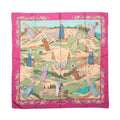 Hermès Carré 90 silk scarf with purple-pink border, floral trim, pastoral landscape and women in traditional regional costumes.