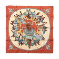 Hermès Carré 90 Perles du Kenya silk scarf with brown border, central portrait, surrounding figures and turquoise, cream and gold details.