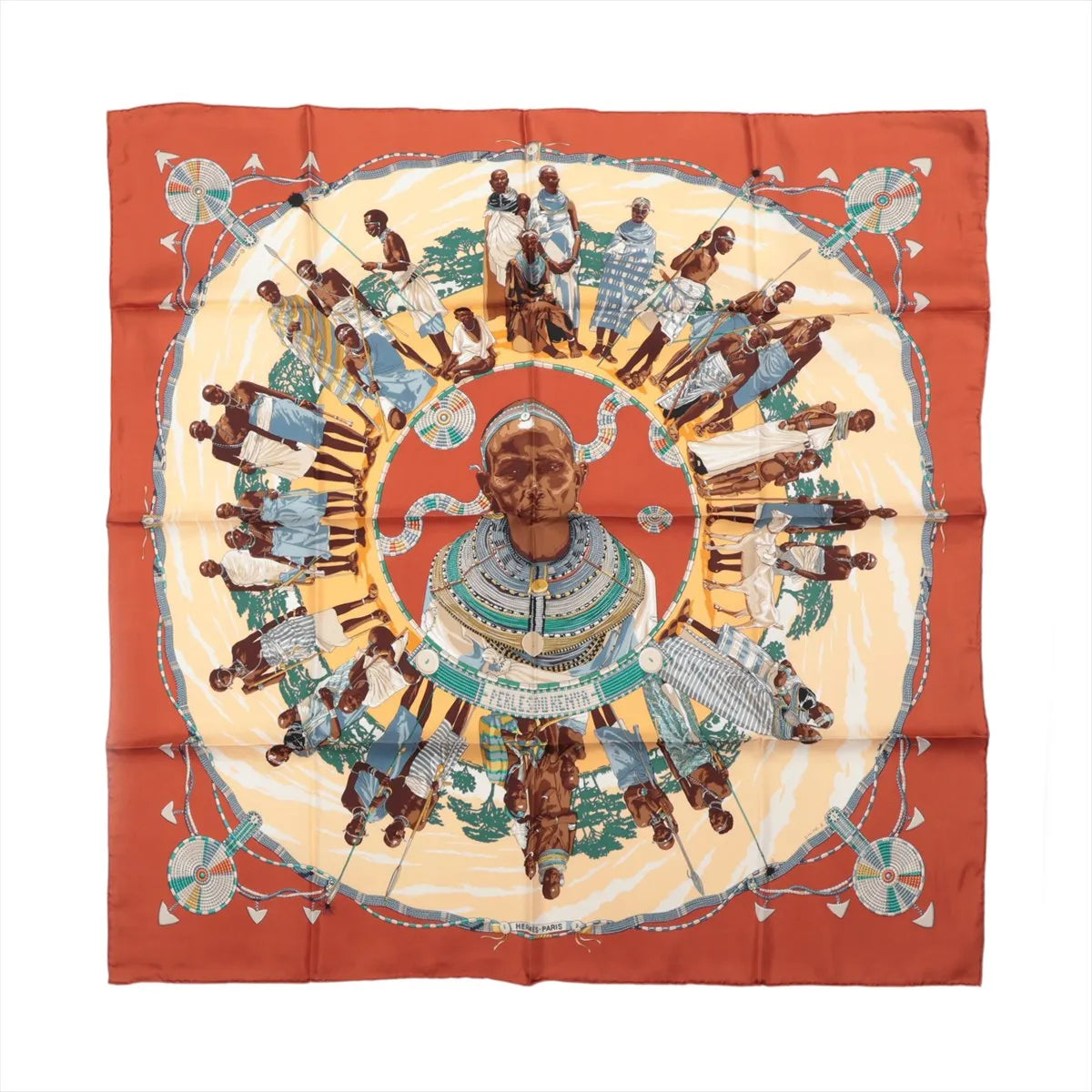 Hermès Carré 90 Perles du Kenya silk scarf with brown border, central portrait, surrounding figures and turquoise, cream and gold details.