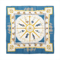 Hermès Carré 90 blue silk scarf with circular nautical design, uniformed figures, gold ornamental details and white geometric panels.