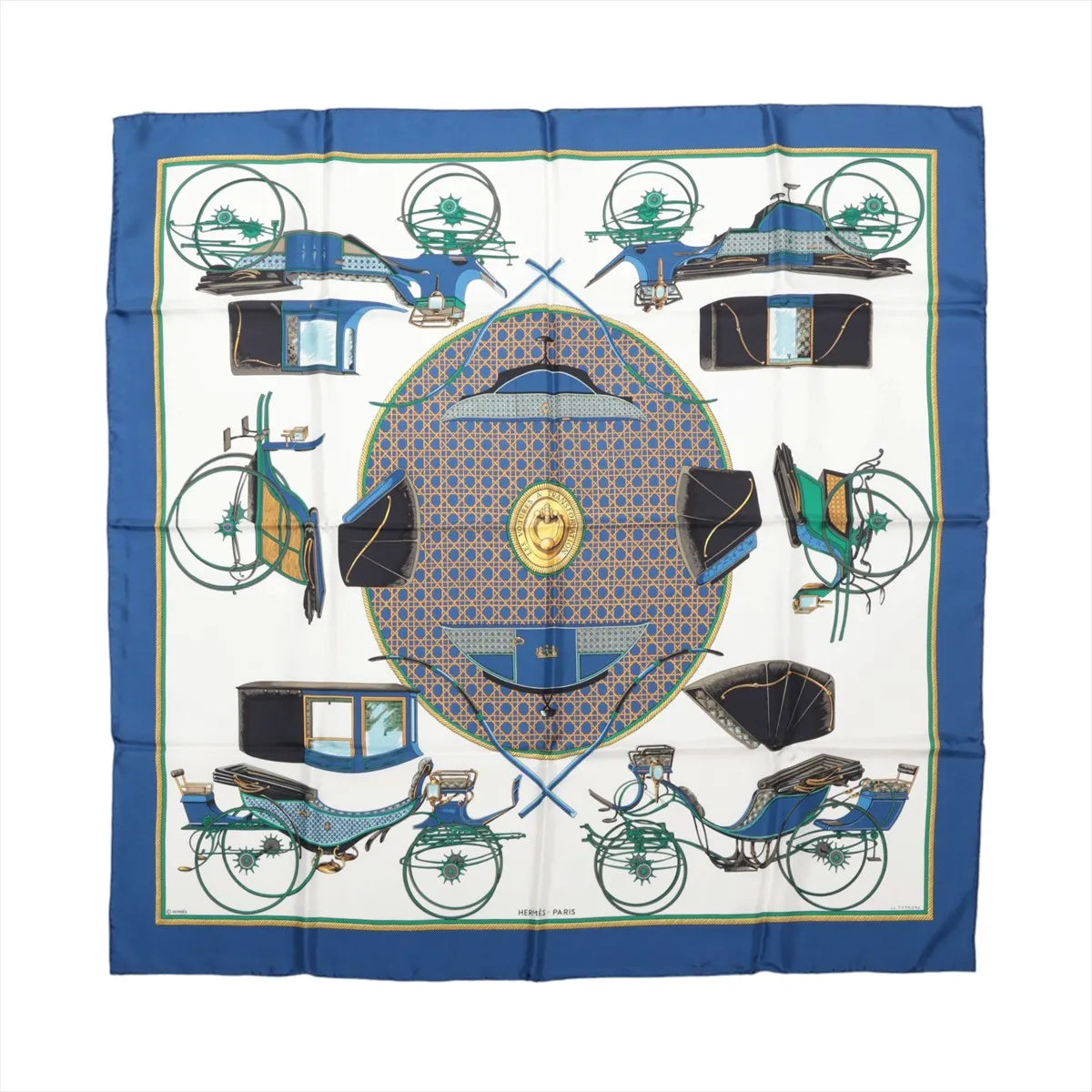 Hermès Les Voitures à Transformation silk scarf with blue border, ivory center and illustrated carriages in blue, green, black and gold.