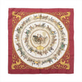 Hermès La Promenade de Longchamps silk scarf with burgundy border, ivory center, horse-drawn carriage illustrations and ornate gold motifs.