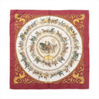 Hermès La Promenade de Longchamps silk scarf with burgundy border, ivory center, horse-drawn carriage illustrations and ornate gold motifs.