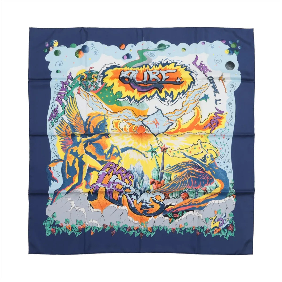 Hermès silk scarf with navy blue border, colorful winged figures, orange and yellow artwork, stars and bold multicolor graphic lettering.