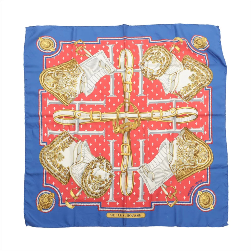 Hermès Carré 90 "SELLES A HOUSSE" Scarf Silk in Blue x Red