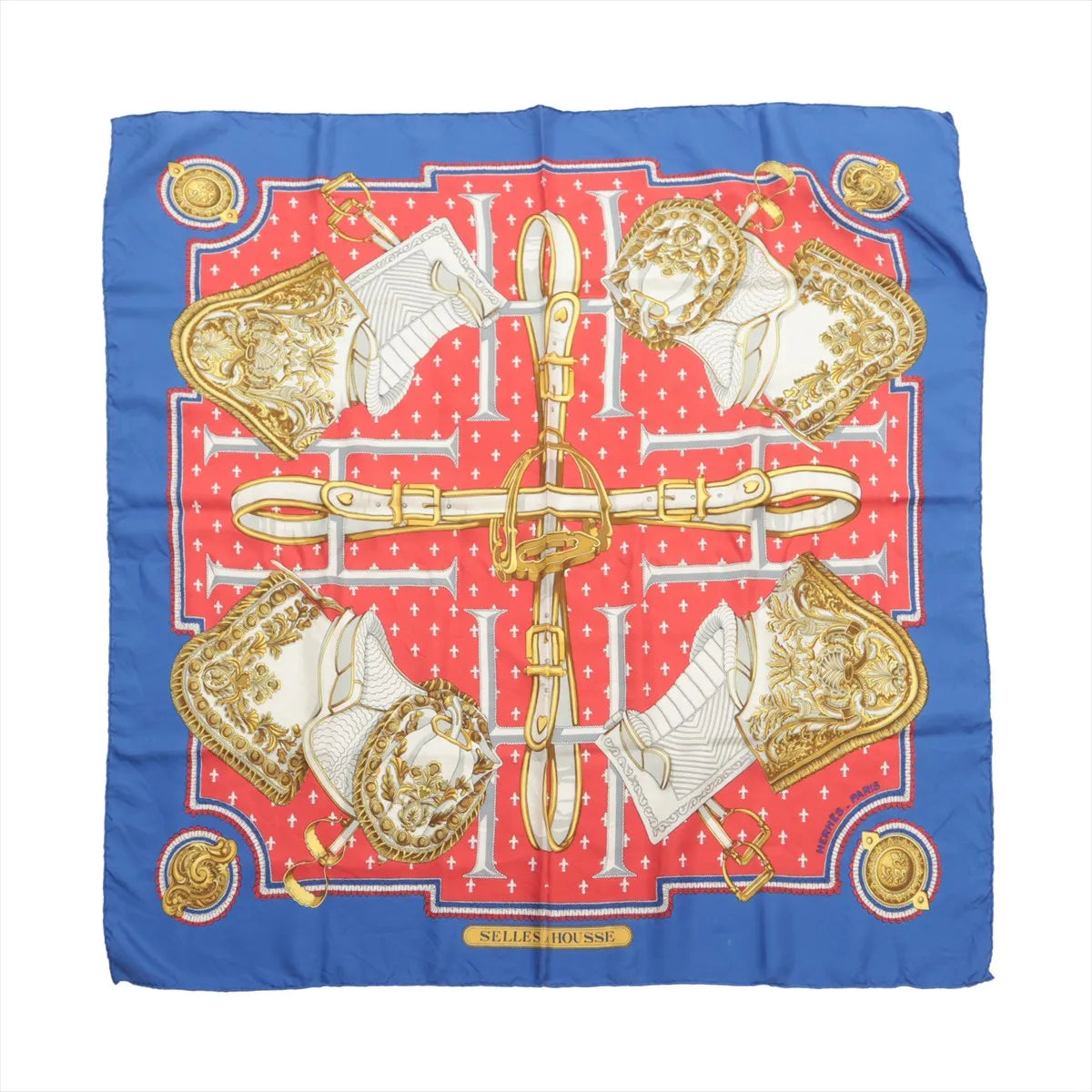 Hermès Carré 90 "SELLES A HOUSSE" Scarf Silk in Blue x Red