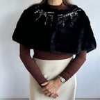 Valentino Black Mink Fur Capelet with Crystal Embellishments - Elegant Evening Wear