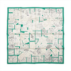 Hermès Carré 90 silk scarf in green with an ivory center, featuring a collage of stamp-style illustrations and a contrasting green border.