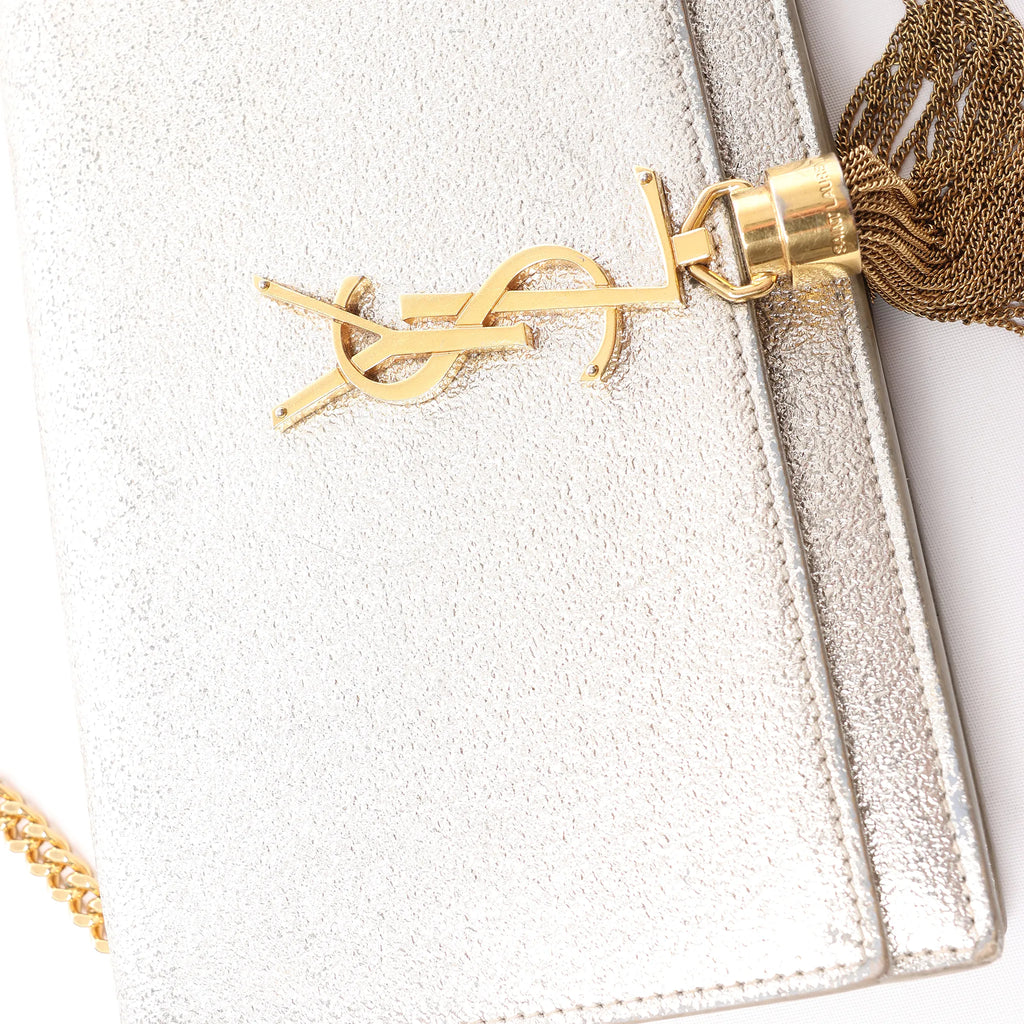 Saint Laurent Paris Kate Small Tassel Crossbody Bag in Silver Glitter