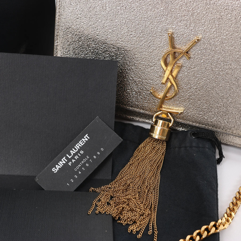Saint Laurent Paris Kate Small Tassel Crossbody Bag in Silver Glitter