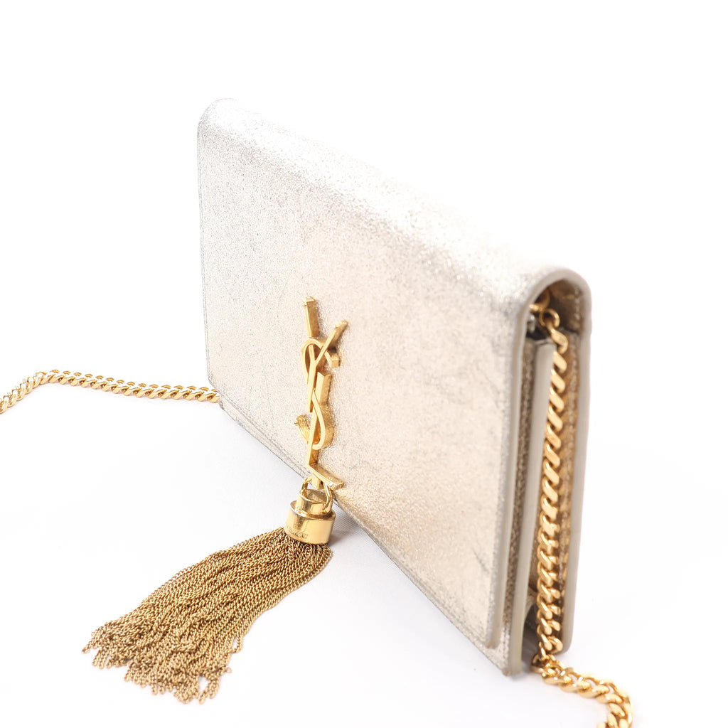 Saint Laurent Paris Kate Small Tassel Crossbody Bag in Silver Glitter