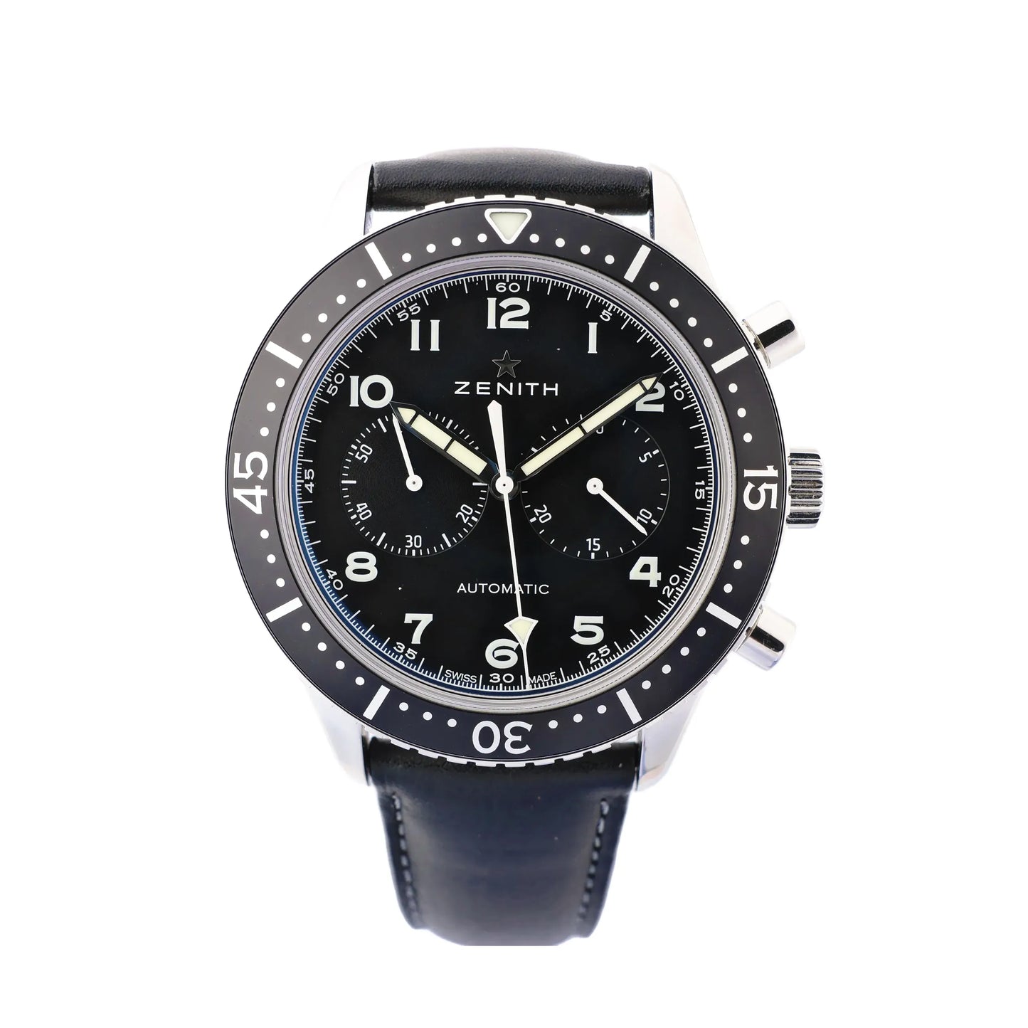 Zenith Chronometro TIPO CP-2 03.2240.4069 automatic chronograph watch with black dial, stainless steel case, rotating bezel, two sub-dials, and black leather strap.