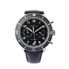 Zenith Chronometro TIPO CP-2 03.2240.4069 automatic chronograph watch with black dial, stainless steel case, rotating bezel, two sub-dials, and black leather strap.