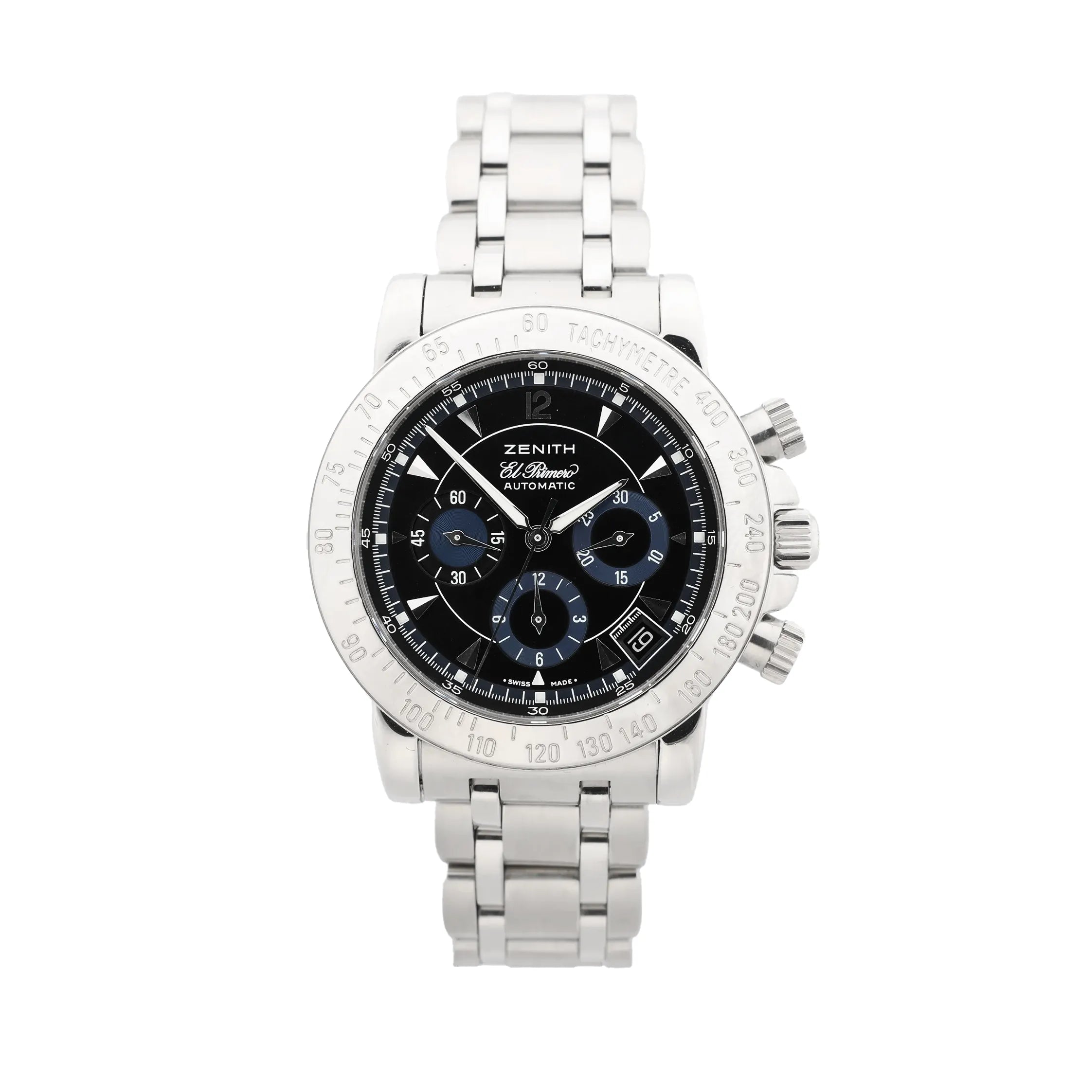 Zenith Rainbow El Primero stainless steel chronograph watch with black dial, three subdials, date window, tachymeter bezel, and stainless steel bracelet.