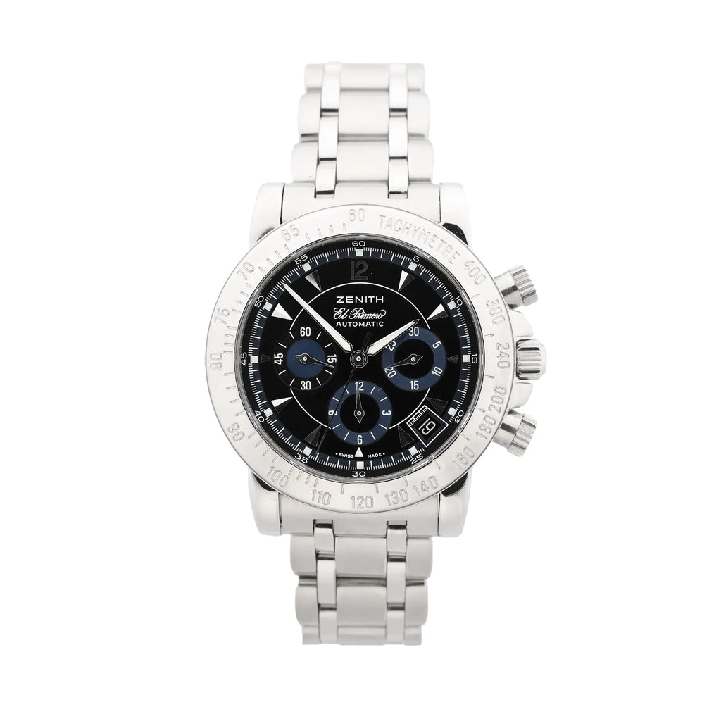 Zenith Rainbow El Primero stainless steel chronograph watch with black dial, three subdials, date window, tachymeter bezel, and stainless steel bracelet.