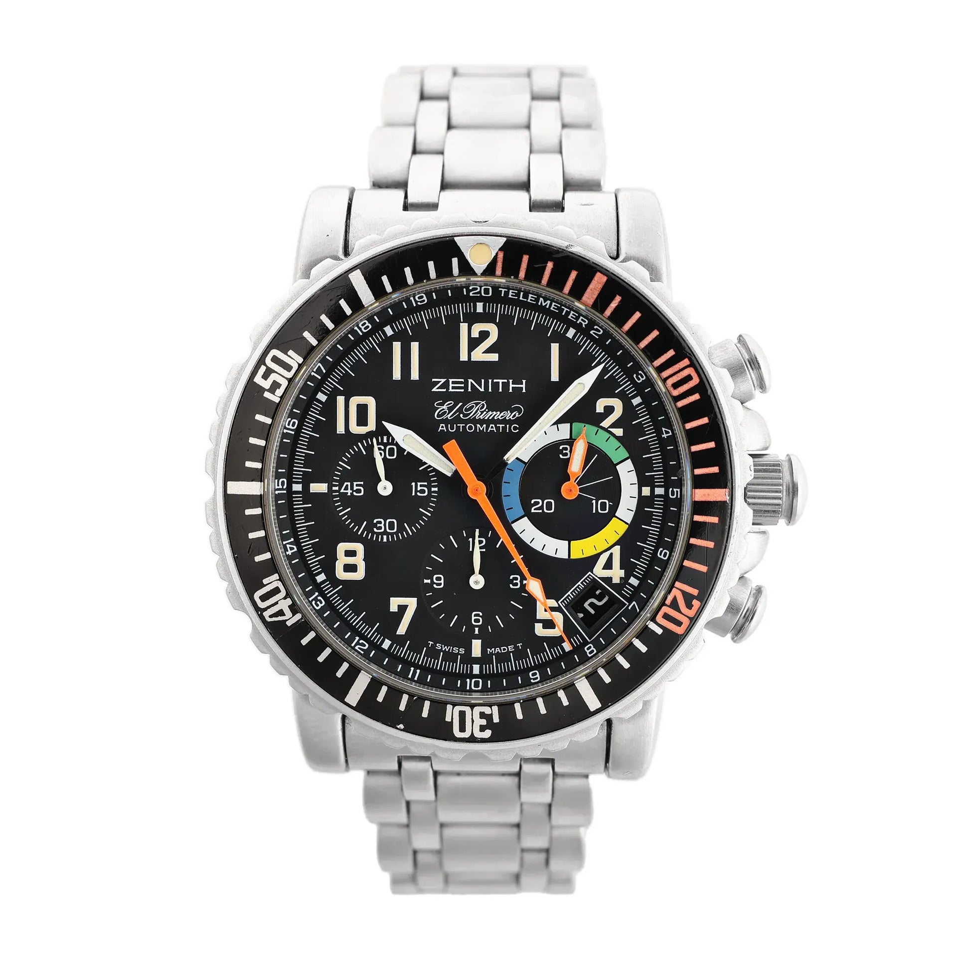 Zenith El Primero Rainbow Flyback 02.0480.405 watch featuring a stainless steel bracelet, black dial with multicolor subdial accents, and flyback chronograph function.